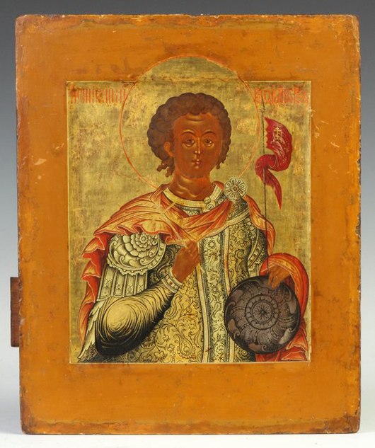 Early Russian icon, Moscow School, showing St. George the Warrior, 11 inches x 13 inches. Price realized: $19,300. Cottone Auctions image.
